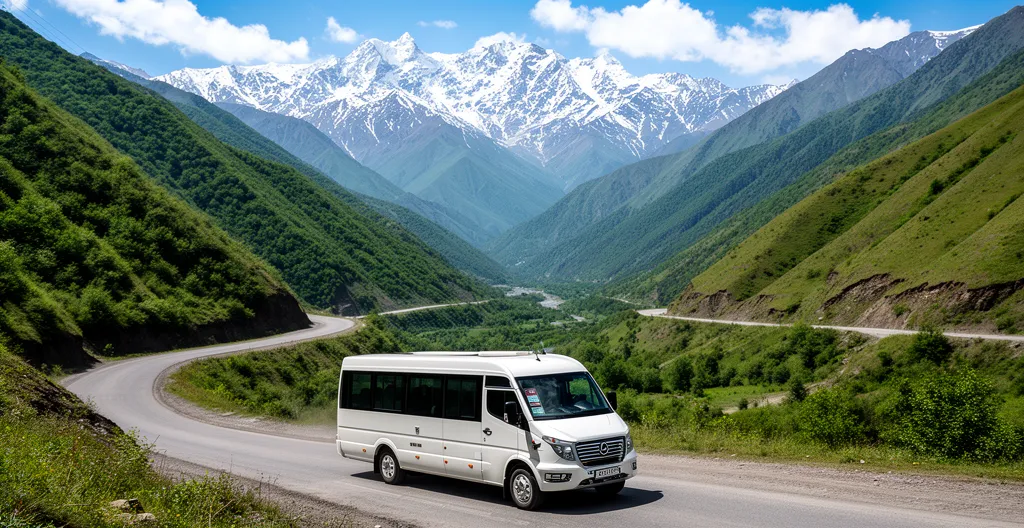 Minibus traversant une route sinueuse dans les montagnes arméniennes