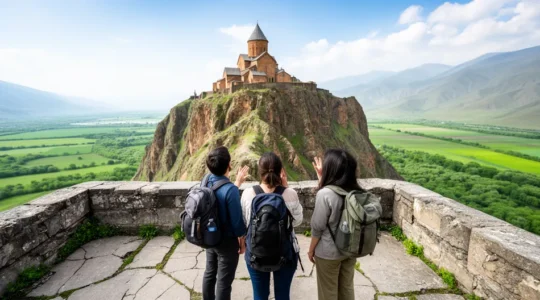 Petit groupe de voyageurs contemplant un monastère perché dans les montagnes arméniennes