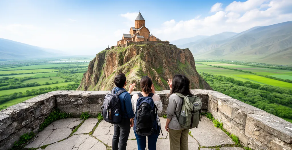 Petit groupe de voyageurs contemplant un monastère perché dans les montagnes arméniennes