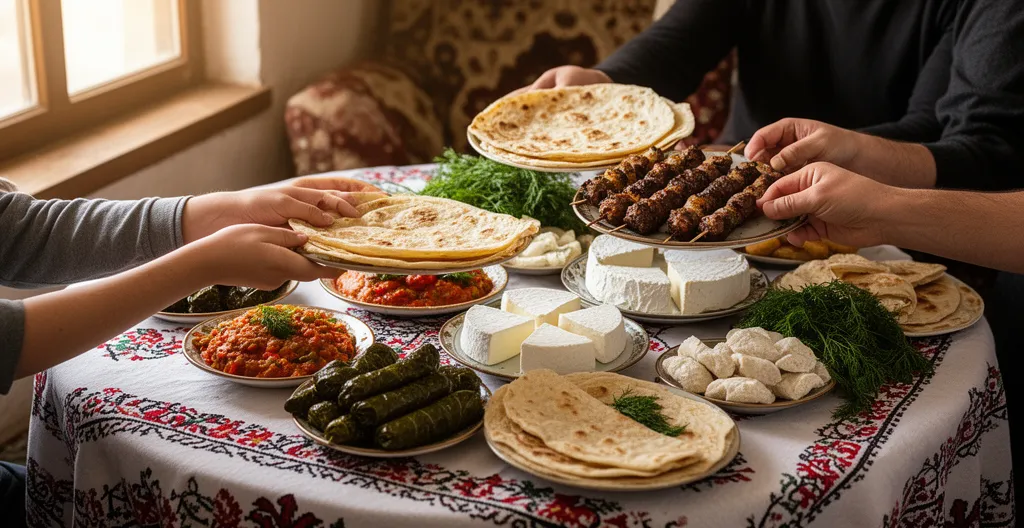 Table dressée avec plats arméniens traditionnels dans une maison rurale