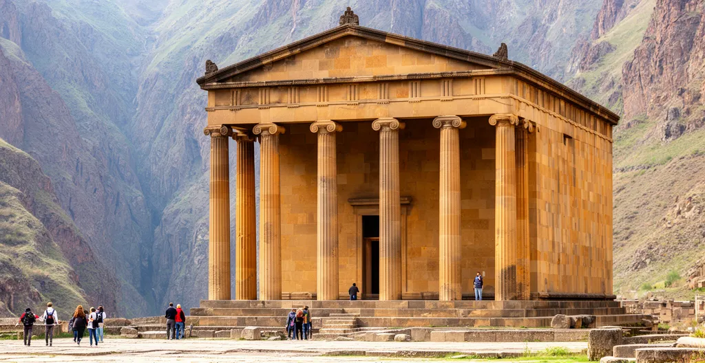 Temple hellénistique de Garni avec visiteurs en arrière-plan