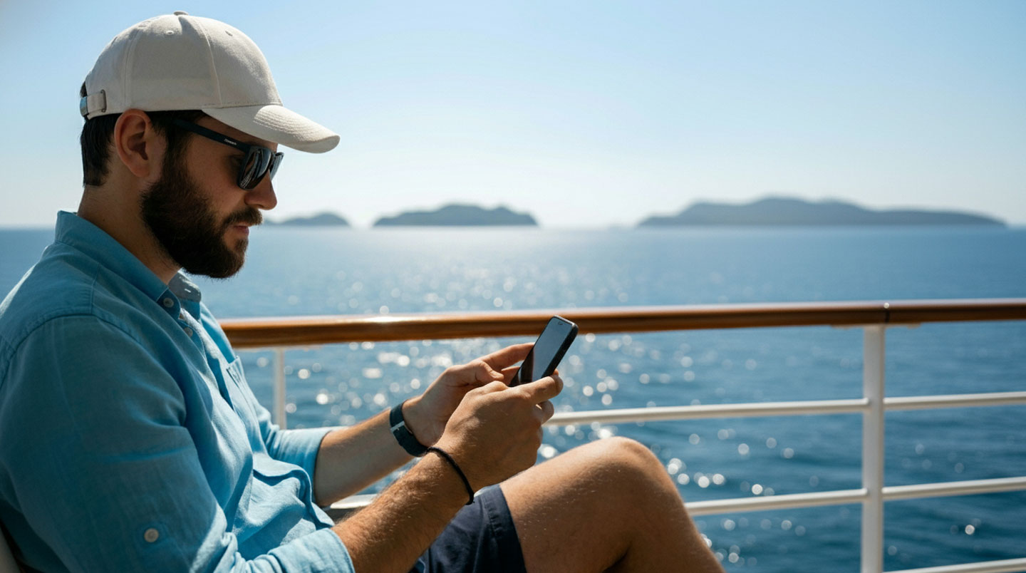 Deux illustrations côte à côte : à gauche un ferry avec un symbole Wi-Fi au-dessus, à droite un smartphone affichant l'icône 4G/LTE avec un transfert de données, style clay 3D en tons pastel