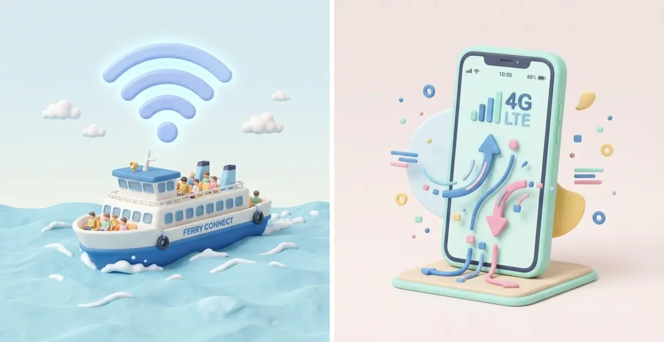 Deux illustrations côte à côte : à gauche un ferry avec un symbole Wi-Fi au-dessus, à droite un smartphone affichant l'icône 4G/LTE avec un transfert de données, style clay 3D en tons pastel