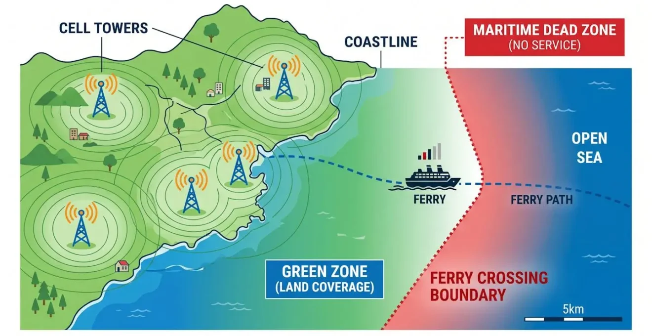 Diagramme en design plat montrant les zones de couverture cellulaire le long d'une côte, une silhouette de ferry passant d'une zone verte couverte à une zone rouge de perte de signal, avec des icônes de tours et de bateau
