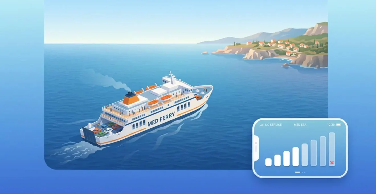 Illustration isométrique d'un ferry traversant la Méditerranée avec un smartphone au premier plan montrant des barres de signal passant du plein au vide, sur un fond dégradé bleu représentant la mer